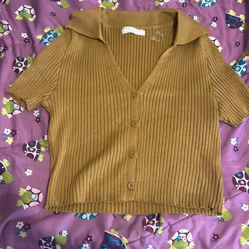 Tan, button down, crop tee